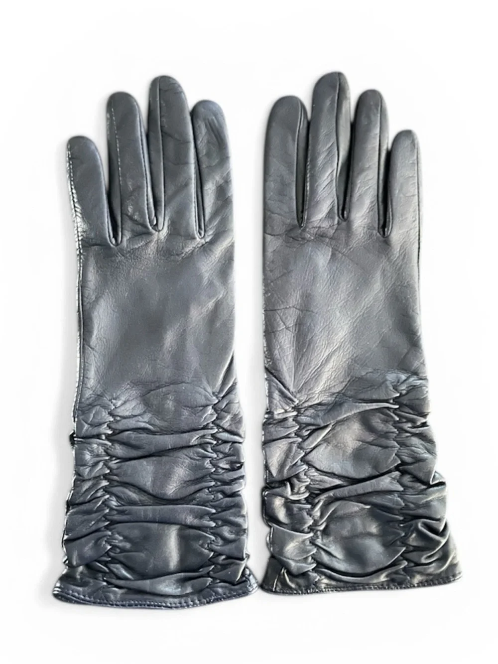Alexandra Bartlett Navy Blue Ruched Leather Gloves - Size L (7.5 glove size)